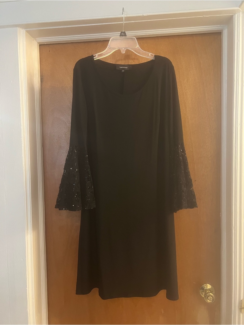 R & M Richards Women’s Black Scoop Neck Long Sequin Laced Bell-Sleeve Dress